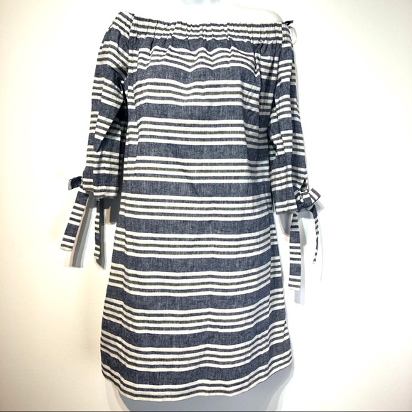 Vince Camuto Striped Off Shoulder Linen Dress 14 - Picture 5 of 7